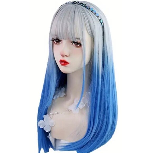 Long Silver Blue Gradient Synthetic Cosplay Anime Femboy Wig*Halloween*New - Picture 1 of 3